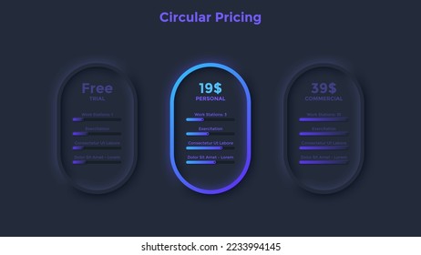 Three rounded pricing tables, software product versions with list of features to compare and select - trial, personal, commercial. Dark neon infographic design template. Modern vector illustration.