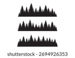 Three rows of black silhouetted evergreen trees on a white backdrop.