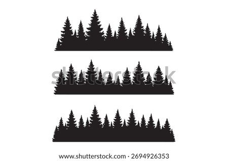 Three rows of black silhouetted evergreen trees on a white backdrop.