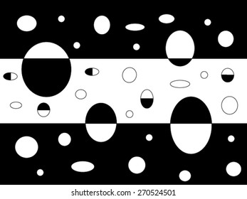 Three rows of black and white ovals and circles. Black rows on top and bottom and white row in the middle. 