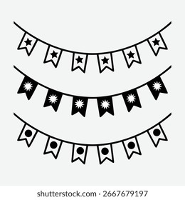 Tres filas de Anuncios de banderín en blanco y negro con diseños de estrellas y círculos