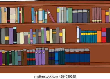 Three rows of generic books on shelf illustration