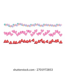 Tres filas de guirnaldas de confeti en forma de corazón en rosa, blanco y rojo