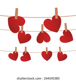 Three rows of hearts on a rope with clips