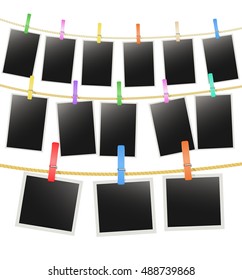 three rows with photo frames hanging on a rope with clothespins. vector 