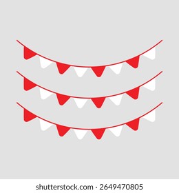 Trois rangées de bruants triangulaires rouges et blancs sont suspendues sur fond gris clair, créant une illustration graphique festive, gaie et simple.