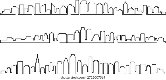 Three rows of stylized city skylines drawn in a continuous line art style. Simple black outlines of buildings and skyscrapers on transparent background, representing urban landscapes.