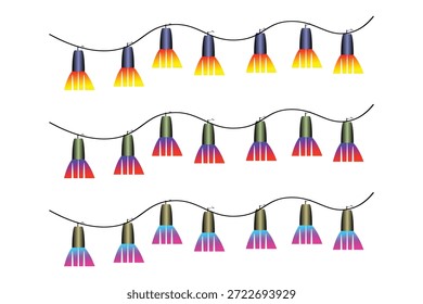 Três fileiras de luzes de fadas gradientes vibrantes dispostas em curvas contra um fundo escuro, perfeito para decoração de férias e festas.