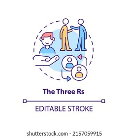 Drei R-Konzeptsymbol. Anerkennung, Achtung und Reaktion. Business-Etiquette abstrakte Idee dünne Linie Illustration. Einzeln Umrisszeichnung. Bearbeitbarer Strich. Arial, Myriad Pro Fett Schriftarten verwendet