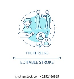 Three Rs turquoise concept icon. Recognition, respect and response. Etiquette abstract idea thin line illustration. Isolated outline drawing. Editable stroke. Arial, Myriad Pro-Bold fonts used