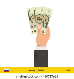 Three ruble in hand. Russian ruble banknote vector illustration.