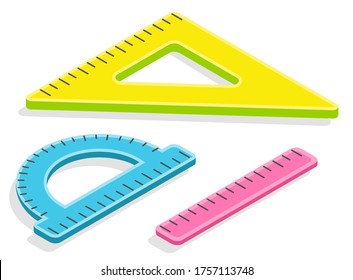 Tres gobernantes para trazar líneas rectas y triángulos rectos. Protractor para el vector de ángulos de medida. Estos elementos son necesarios para la geometría y para los arquitectos. De vuelta al concepto escolar. Caricatura plana isométrica 3d