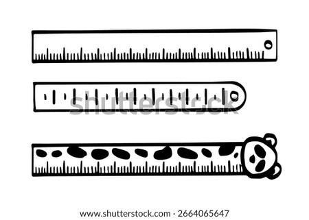 three rulers – plain, minimal and spotted animal-themed with bear head – ideal for school, crafts and stationery projects. Outline monochrome vector illustration on white background