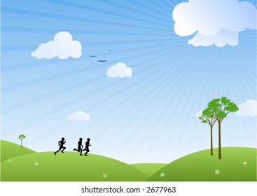 Three running boys on a green field