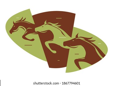 Three Running Horses, emblem. 
Stylized illustration of three jumping horseson dynamic abstract background.Vector available.