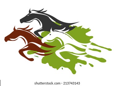 Three Running Horses. Illustration of horses running through the tall grass.  Colorful Vector illustration on white background 