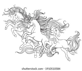 Three running unicorns with a long manes. Vector black and white contour illustration for coloring page. For the design of prints, posters, postcards, stickers, tattoo, t-shirt design, logo, sign