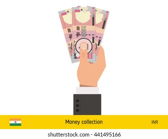 Three rupee in hand. Indian rupee banknote vector illustration.