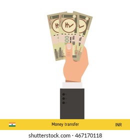 Three rupee in hand. Indian rupee banknote vector illustration.