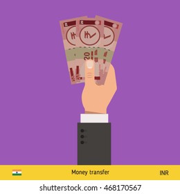 Three rupee in hand. Indian rupee banknote vector illustration.