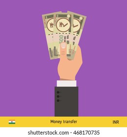 Three rupee in hand. Indian rupee banknote vector illustration.