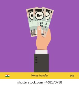 Three rupee in hand. Indian rupee banknote vector illustration.