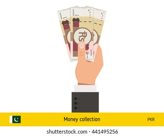 Three rupee in hand. Pakistani rupee banknote vector illustration.