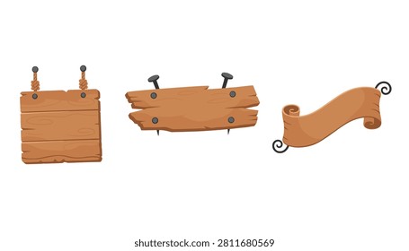 Three rustic wooden signage boards including square and rectangular planks with iron nails and a blank parchment scroll banner.