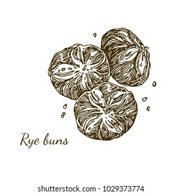 Three rye buns. sketch. Engraving style. Vector illustration.