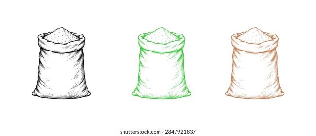 Three sacks filled with white powder, possibly flour or sugar, depicted in sketch, color, and watercolor styles.