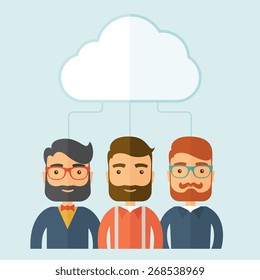 Three sad businessmen under the cloud  as their protection. Business and Economic crisis protection concept. A contemporary style with pastel palette, soft blue tinted background with desaturated