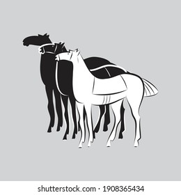 Tres caballos de pie ensillados. Siluetas de estalliones blancos y negros sobre fondo gris. Estilo minimalista. Logo del caballo. Idea de diseño para la competencia estable, agrícola, ecuestre. Ilustración del vector EPS10