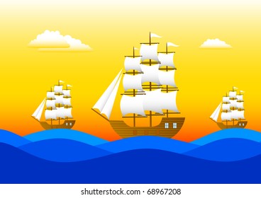 Three sailboats on a blue sea