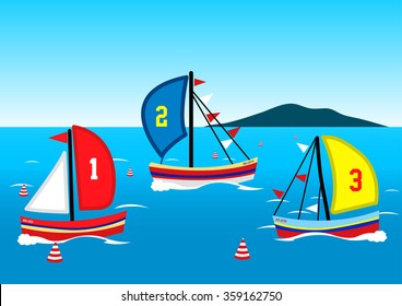 Three sailing boats race on the water .