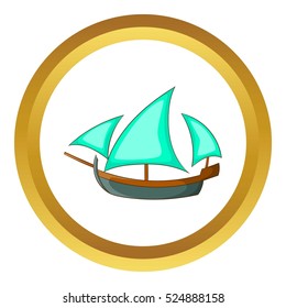 Three sailing wooden ship vector icon in golden circle, cartoon style isolated on white background