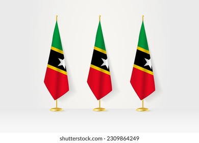 Tres banderas de Saint Kitts y Nevis en fila en un puesto de oro, ilustración de la conferencia de prensa y otras reuniones. Ilustración vectorial.