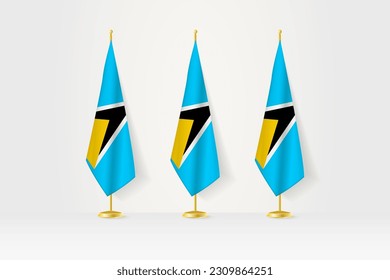 Three Saint Lucia flags in a row on a golden stand, illustration of press conference and other meetings. Vector illustration.