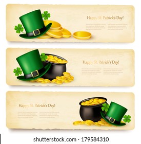 Three Saint Patrick's Day banners with lover leaves, green hat and gold coins in a cauldron. Vector.