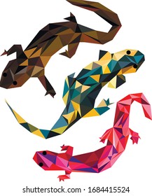 
Three salamaders in low poly. Brown, red and with yellow spots.