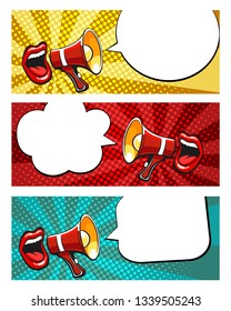 Three Sale Banners with Open Mouth and Megaphone. Sale design templates with empty Bubbles for your text. Vector illustration.