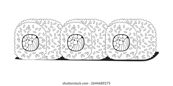 Three salmon avocado sushi rolls 2D line object. Japanese cuisine. Asian food. Seafood vegetable rice wrapped. Maki dish isolated clipart vector ink outline item. Monochrome spot illustration