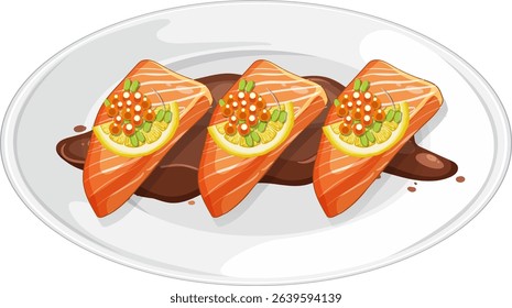 Three salmon fillets with garnish on a white plate. Vibrant colors and clean lines create a modern, appetizing look