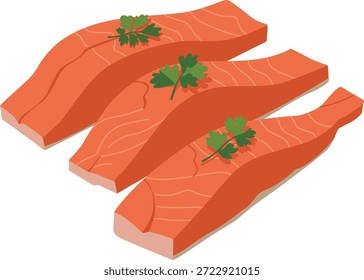 Três filetes de salmão com salsa em cima sobre um fundo branco em uma composição plana.