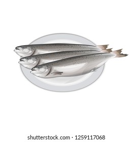 Three salmon fish lying on the plate. Vector illustration isolated on white background
