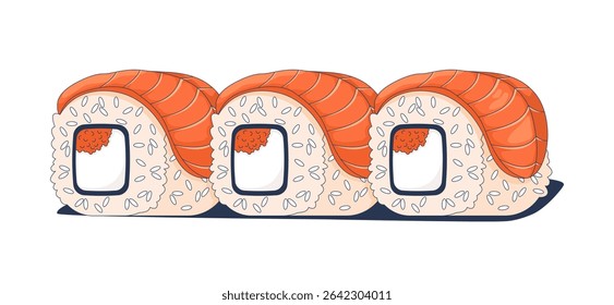 Three salmon sushi rolls filled with roe 2D cartoon object. Asian cuisine. Seafood rice meal with raw fish. Japanese maki rolls isolated element flat vector clip art on white. Spot illustration