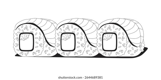 Three salmon sushi rolls filled with roe 2D line object. Asian cuisine. Seafood rice meal with raw fish. Japanese maki rolls isolated clipart vector ink outline item. Monochrome spot illustration