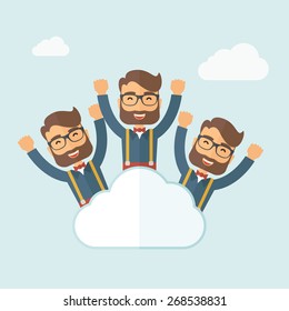 Three same face businessmen on top of cloud happy raising hands showing for their success in business career. Business growth. A contemporary style with pastel palette, soft blue tinted background