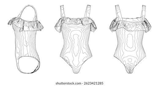 Três trajes de banho iguais são mostrados em uma ilustração em preto e branco. O primeiro maiô é uma peça única com um detalhe babado