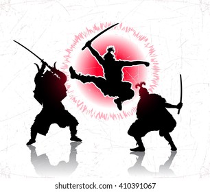 Three samurai attacked each other. Vector illustration.
