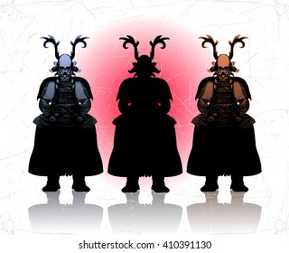 Three samurai in military armor. Vector illustration.